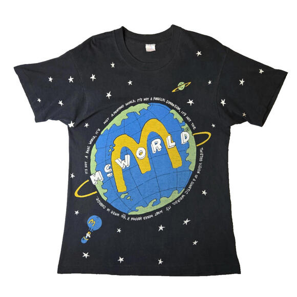 Mcdonalds Vintage 90s McWorld AOP Black T Shirt Mens Large L FOTL - Picture 1 of 6
